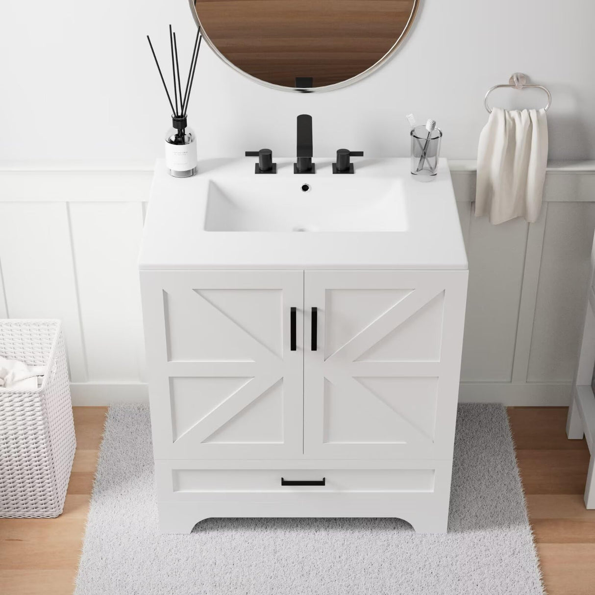 30" Farmhouse Bathroom Vanity with Ceramic Sink, Floor Standing Single Basin Vanity Set