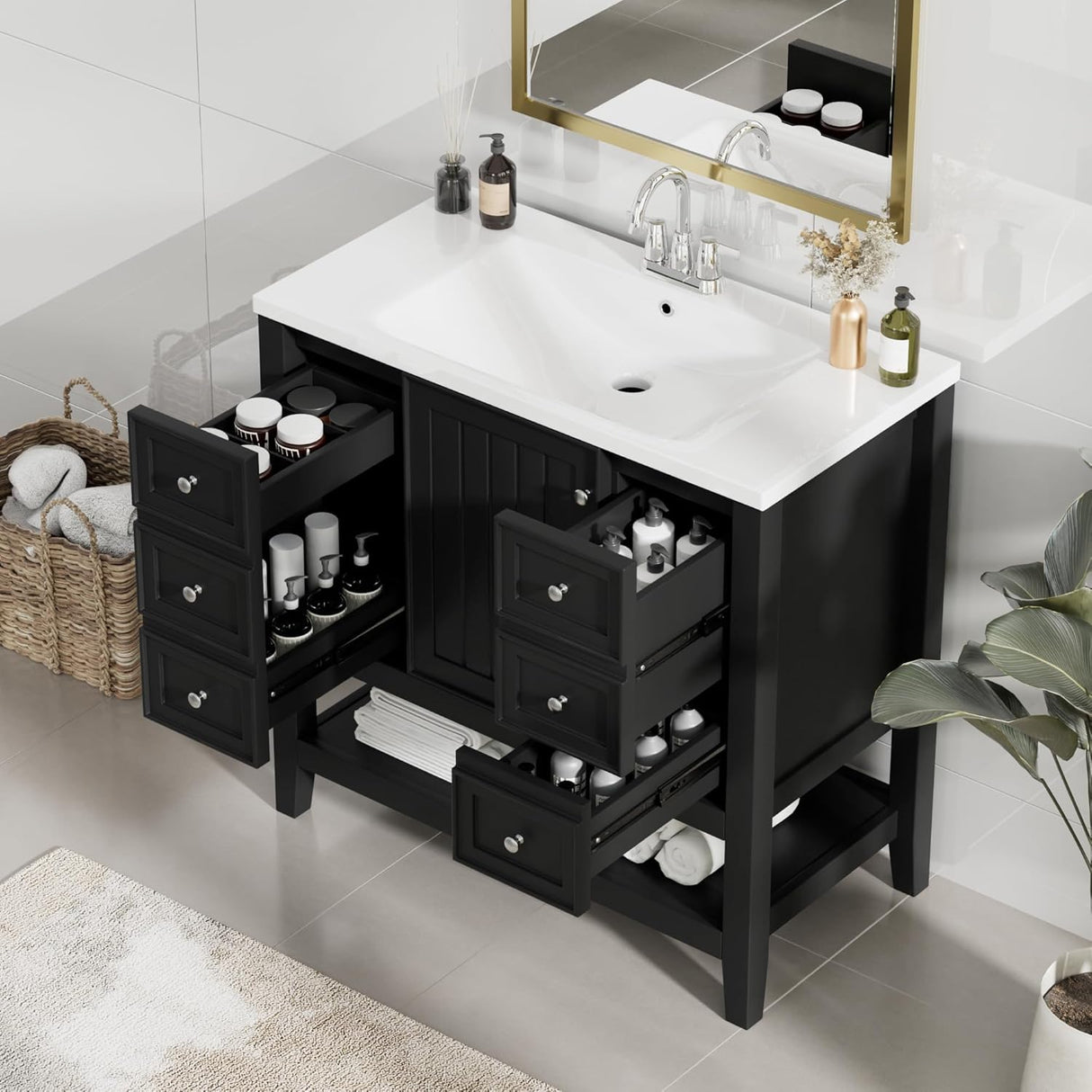 36" Vanity Bathroom Cabinet with Sink Top, Three Multi-Functional Drawers