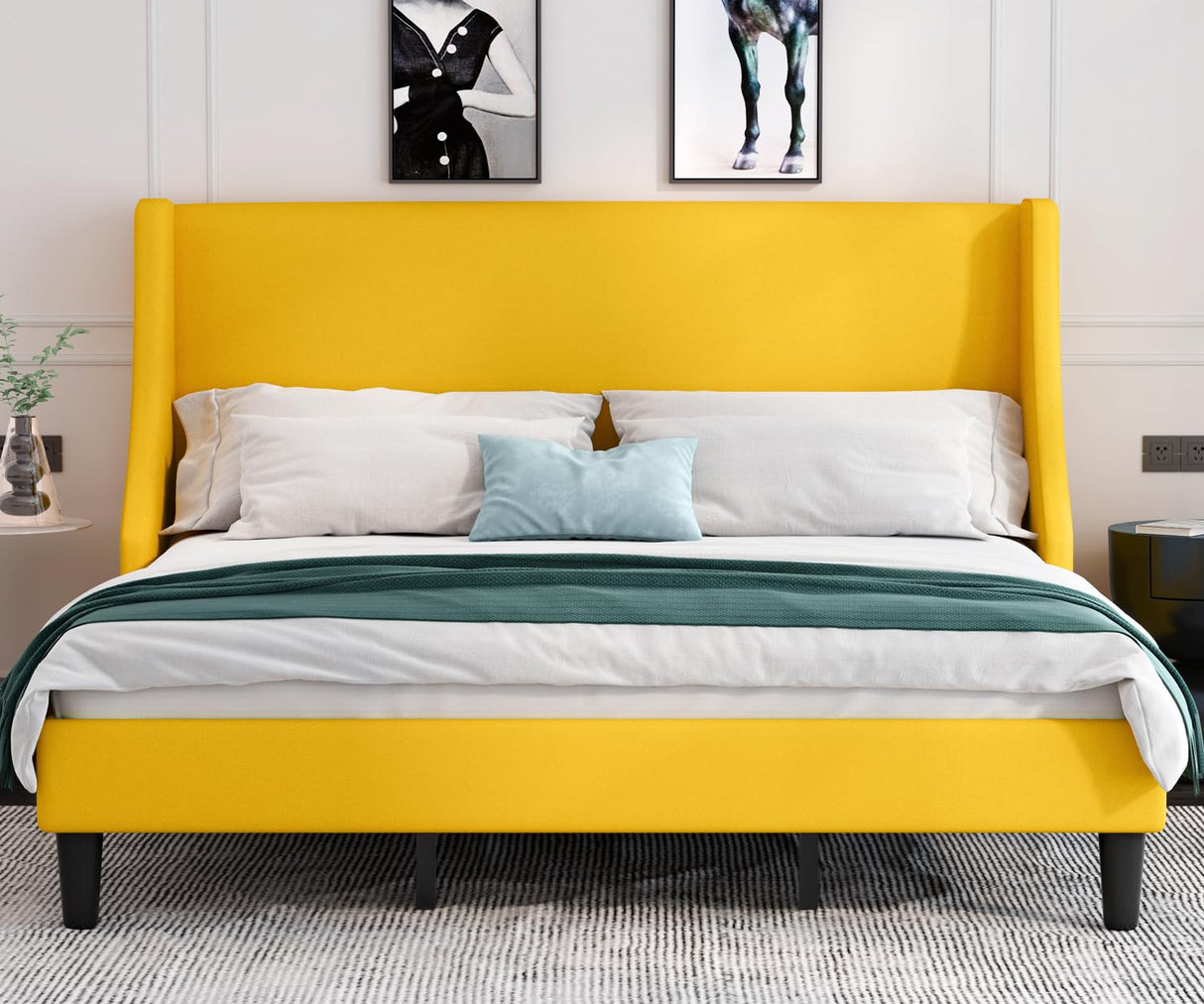 King Size Bed Frame, Platform Bed Frame with Upholstered Headboard, Modern Deluxe Winback,