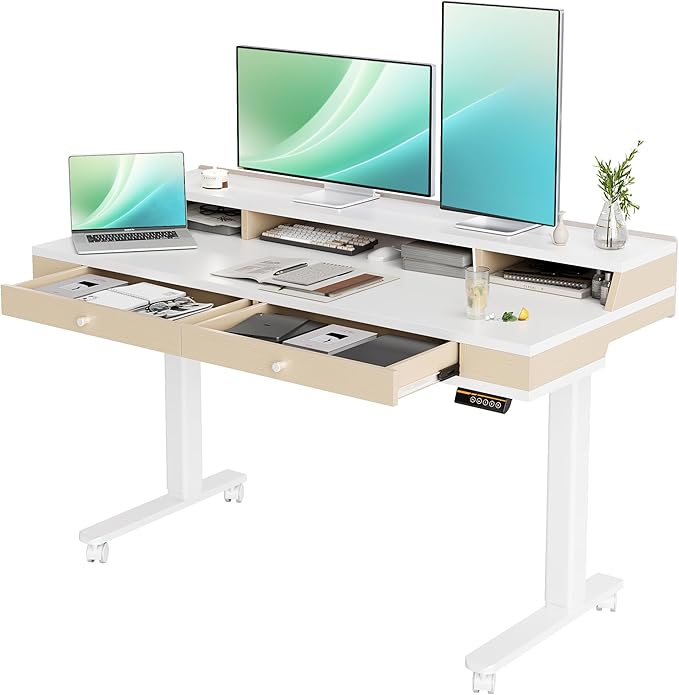Desk with Drawers, Electric Adjustable Standing Desk Adjustable Height, Sit Stand Up Desk with Storage Shelves & Wheels, 48 Inch White