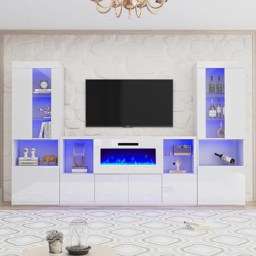 3 Piece Modern High Gloss Fireplace TV Stand + Bookcase Set