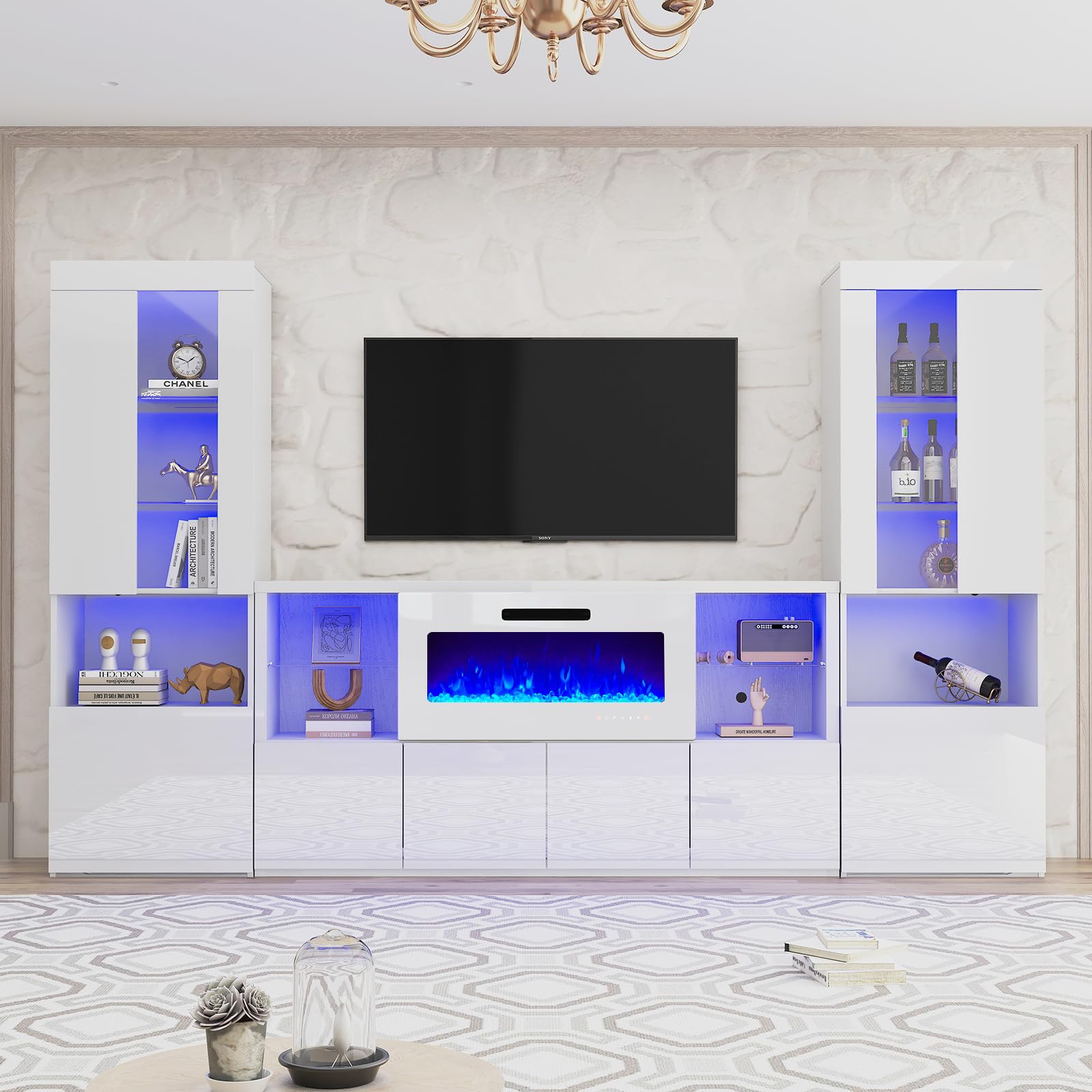 3 Piece Modern High Gloss Fireplace TV Stand + Bookcase Set for Living Room