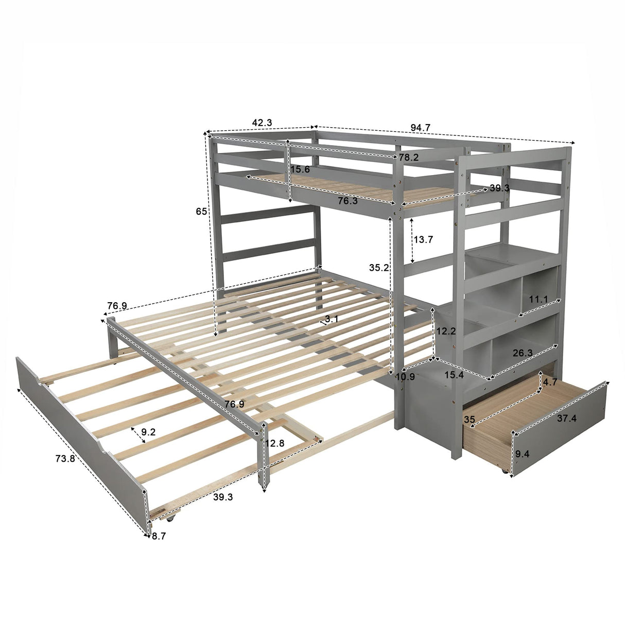 Twin Over Twin to King Extendable Bunk Bed with Stairs and Trundle