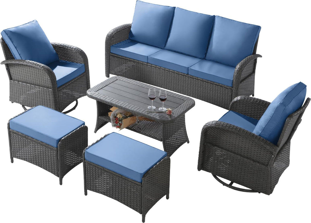 6 Pieces Patio Furniture Set with Swivel Chairs, All Weather Outdoor Rattan Conversation