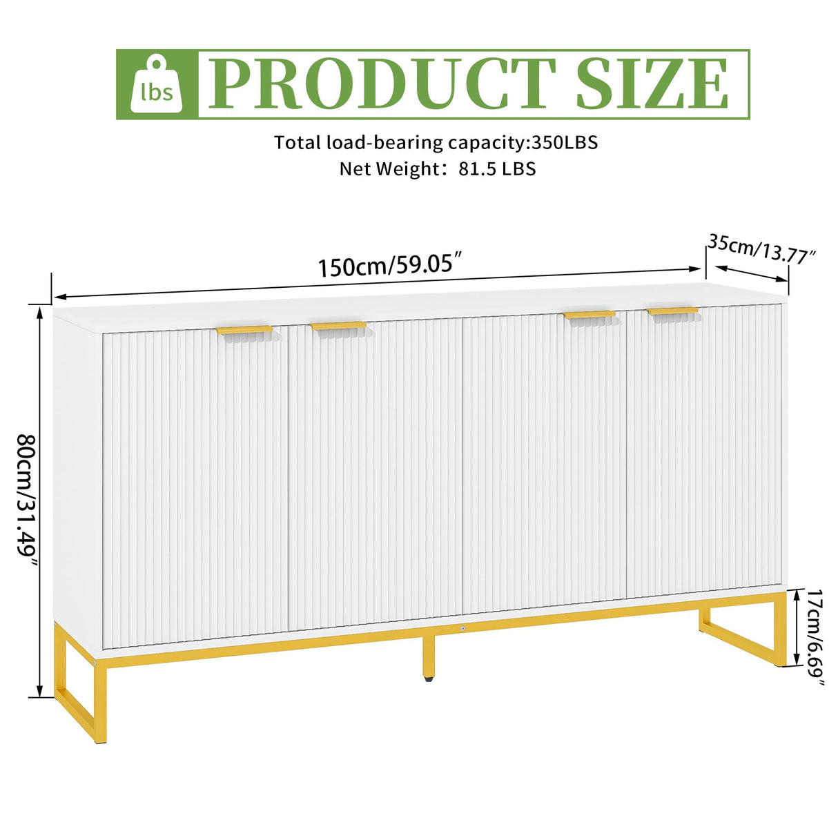 Fluted Accent Cabinet, Kitchen Sideboard Buffet Cabinet with 4 Fluted Doors