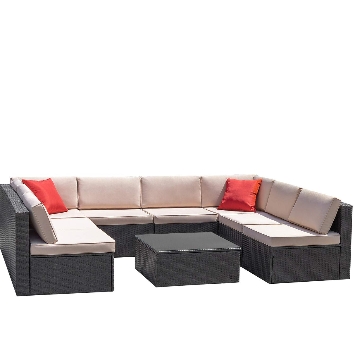 9-Piece Outdoor Sectional Sofa Set with Cushions and Glass Table