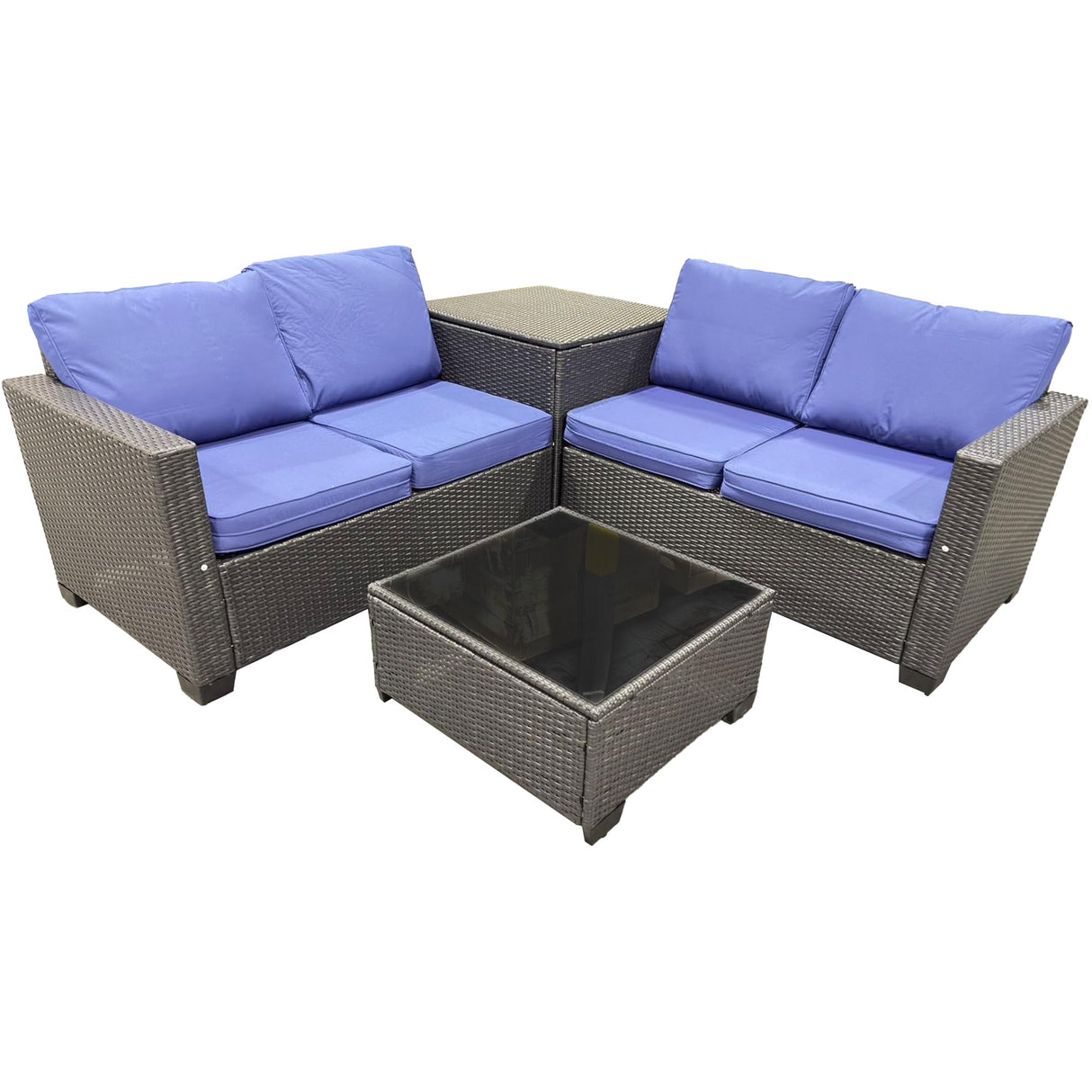 4-Piece Outdoor Patio Furniture Set with Glass Table and Storage Box - Blue Cushions