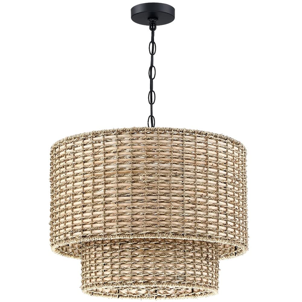 20 in. 4-Light Rattan Tiered Drum Chandelier Light with Black Canopy W Beige Bohemian