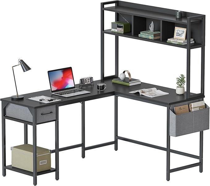 L Shaped Desk with Hutch, 58 inch Corner Computer Desk with Drawer,Home Office Gaming Table