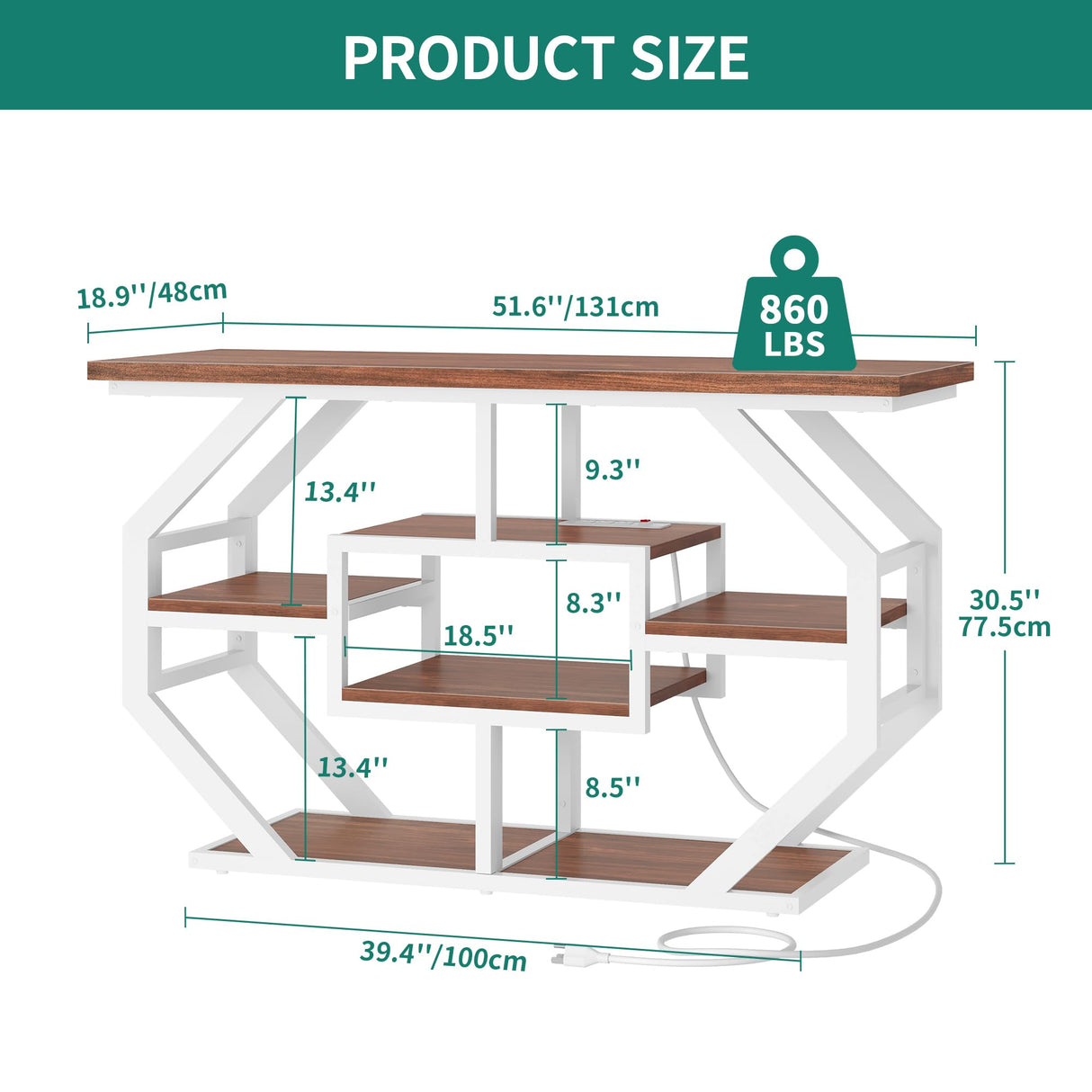 51 Inch Console Table Sofa Table with Power Outlets, Modern Entryway Table Foyer Table