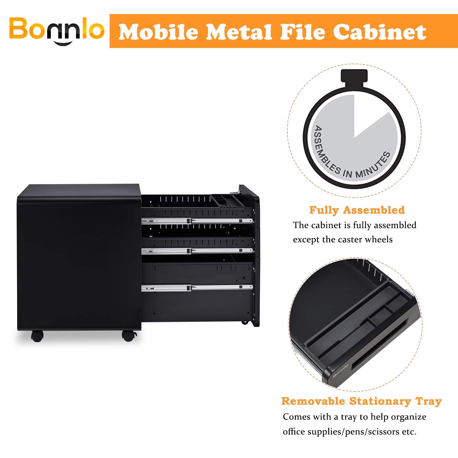 23.8" H 3 Drawer Rolling File Cabinet with Lock, Mobile File Cabinet Under Desk with Pencil Tray,