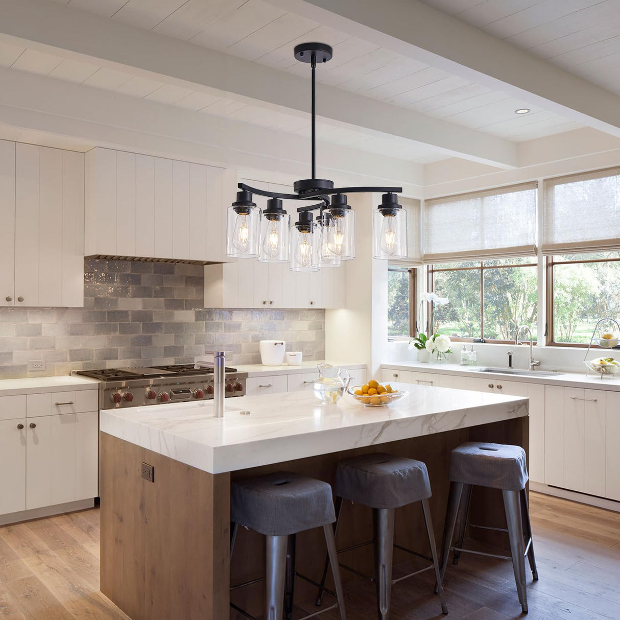 OTeedo 6-Light Modern Farmhouse Black Chandeliers for Dining Room,Kitchen Black Chandeliers Over Table,Adjustable Height Hanging Whirlwind Pendant Lights,Clear Glass Shade Ceiling Light Fixture