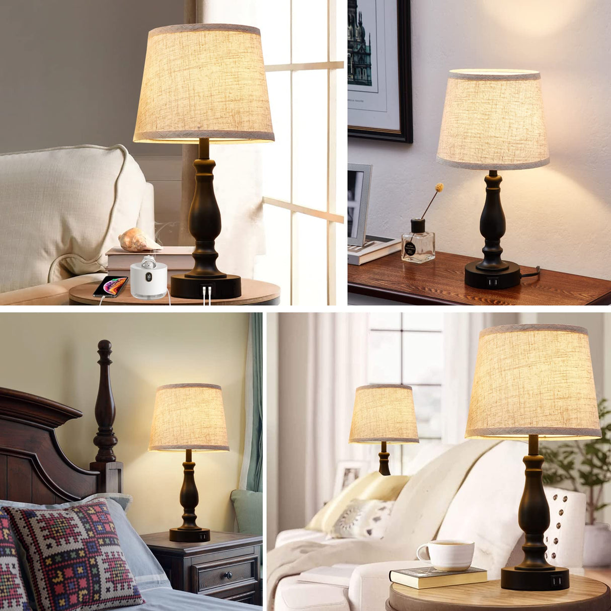 Table Lamps Set of 2, Bedside Nightstand Lamps with USB Charging Ports