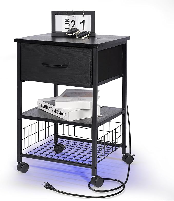 Night Stand with Charging Station, RGB LED Side Table