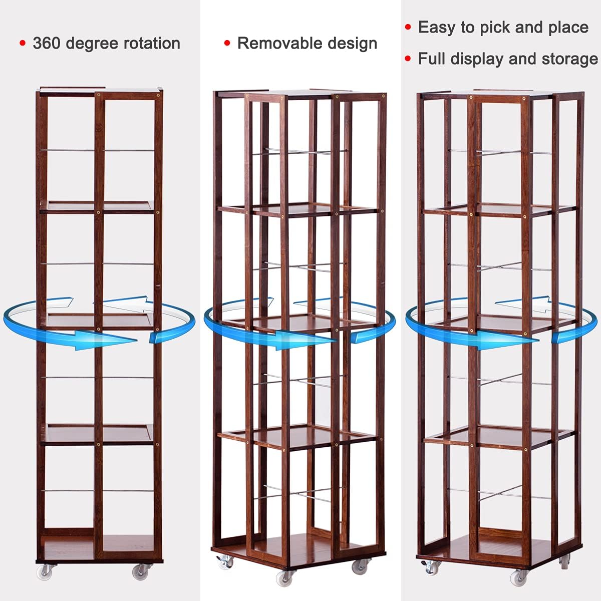COPREE 5 Tier Rolling Bookcase, Bamboo 360 Rotating Bookshelf, Freestanding Storage Organizer Holder Book Rack with Wheels for Bedroom, Living Room Home and Office