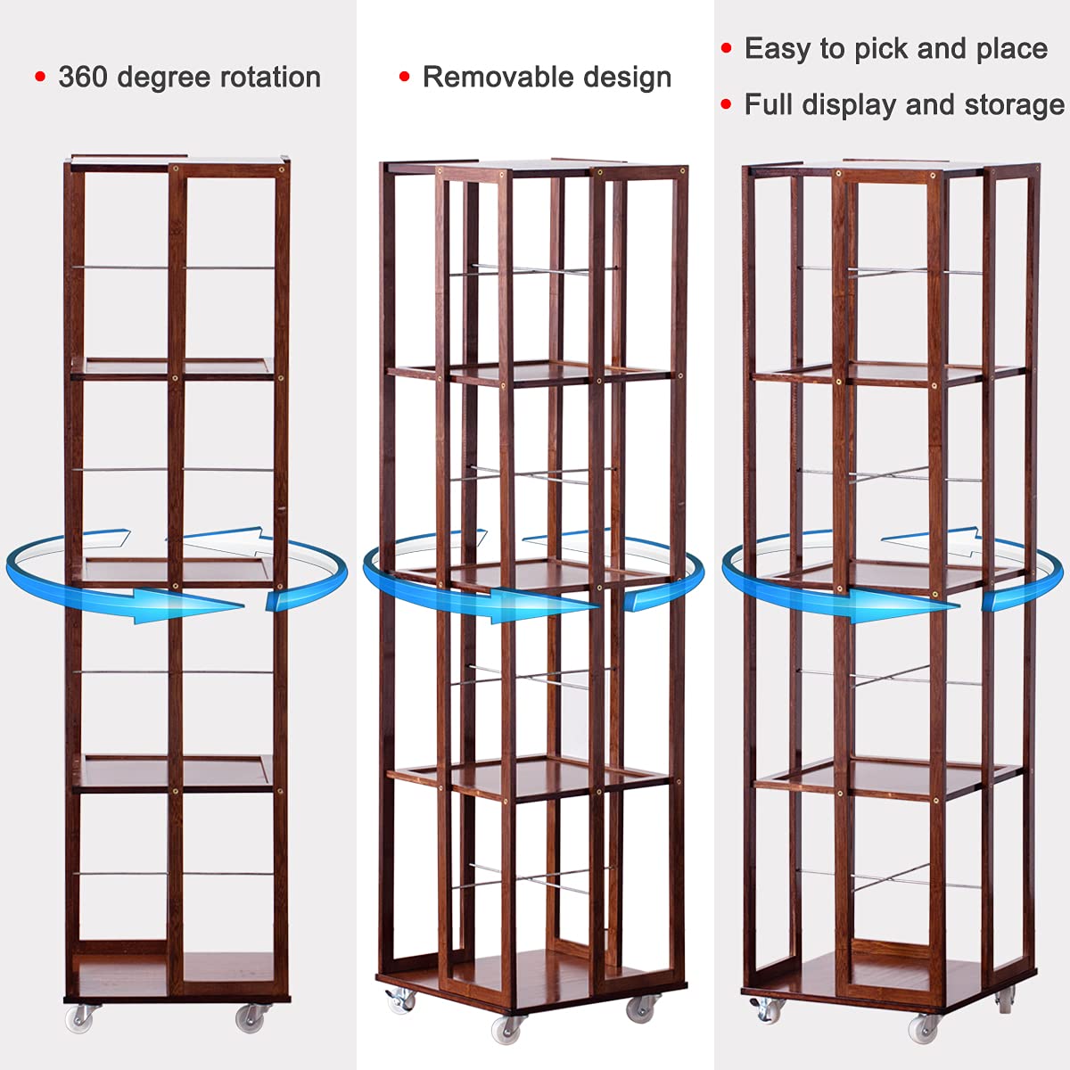 COPREE 5 Tier Rolling Bookcase, Bamboo 360 Rotating Bookshelf, Freestanding Storage Organizer Holder Book Rack with Wheels for Bedroom, Living Room Home and Office