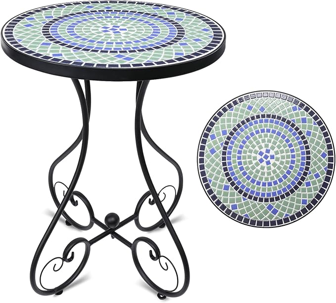 Mosaic Outdoor Side Table, Round Rustproof Patio Tables with 14" Ceramic Tile Top