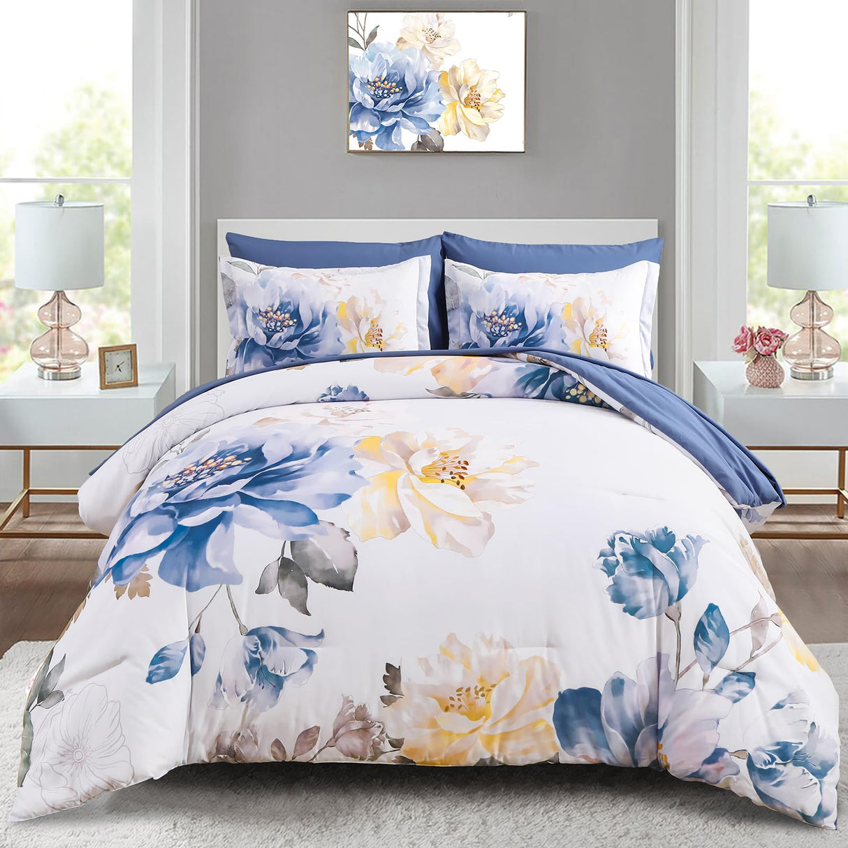 Floral Comforter Set Queen Size 7 Pieces Bed in A Bag Blue Flower Leaves Soft Bedding