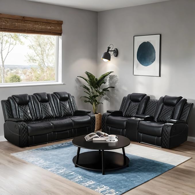 Leather Power Recliner Sofa 2 Piece Couch Set With LED, Living Room Furniture