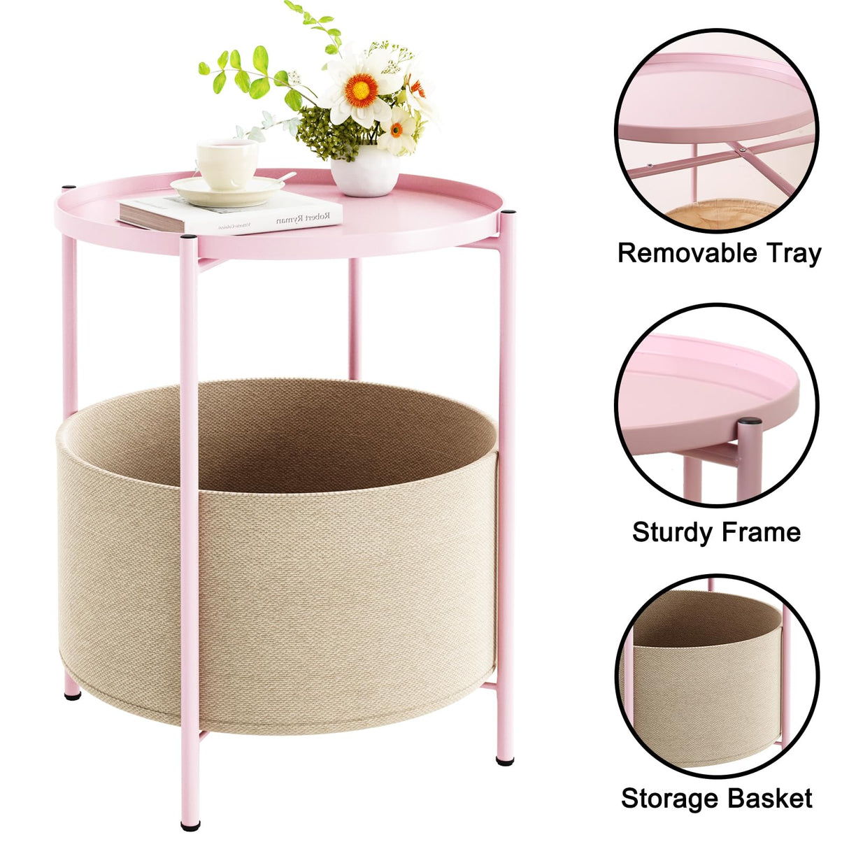 Round Side Table, Bedside Table, Pink Nightstand, Metal Side Table