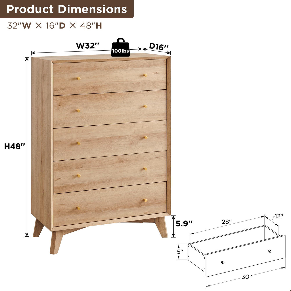 T4TREAM 5 Drawer Dresser for Bedroom, 48" Tall Mid-Century Modern Chest of Drawers, Beveled Profile Design, Wood Drawer Organizer for Bedroom, Living Room, Hallway and Entryway, Natural Oak