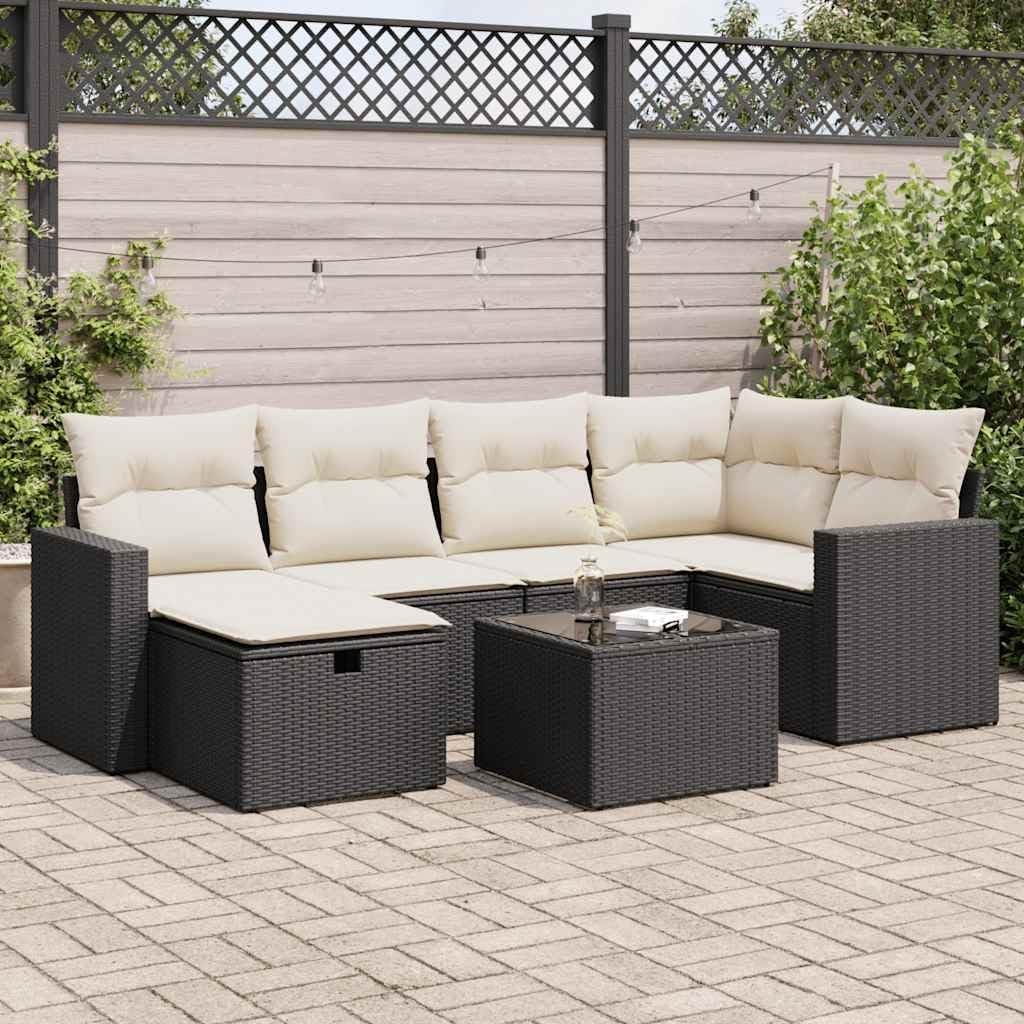7-Piece Outdoor Rattan Sofa Set - Black Wicker Patio Furniture for Small Balconies & Gardens