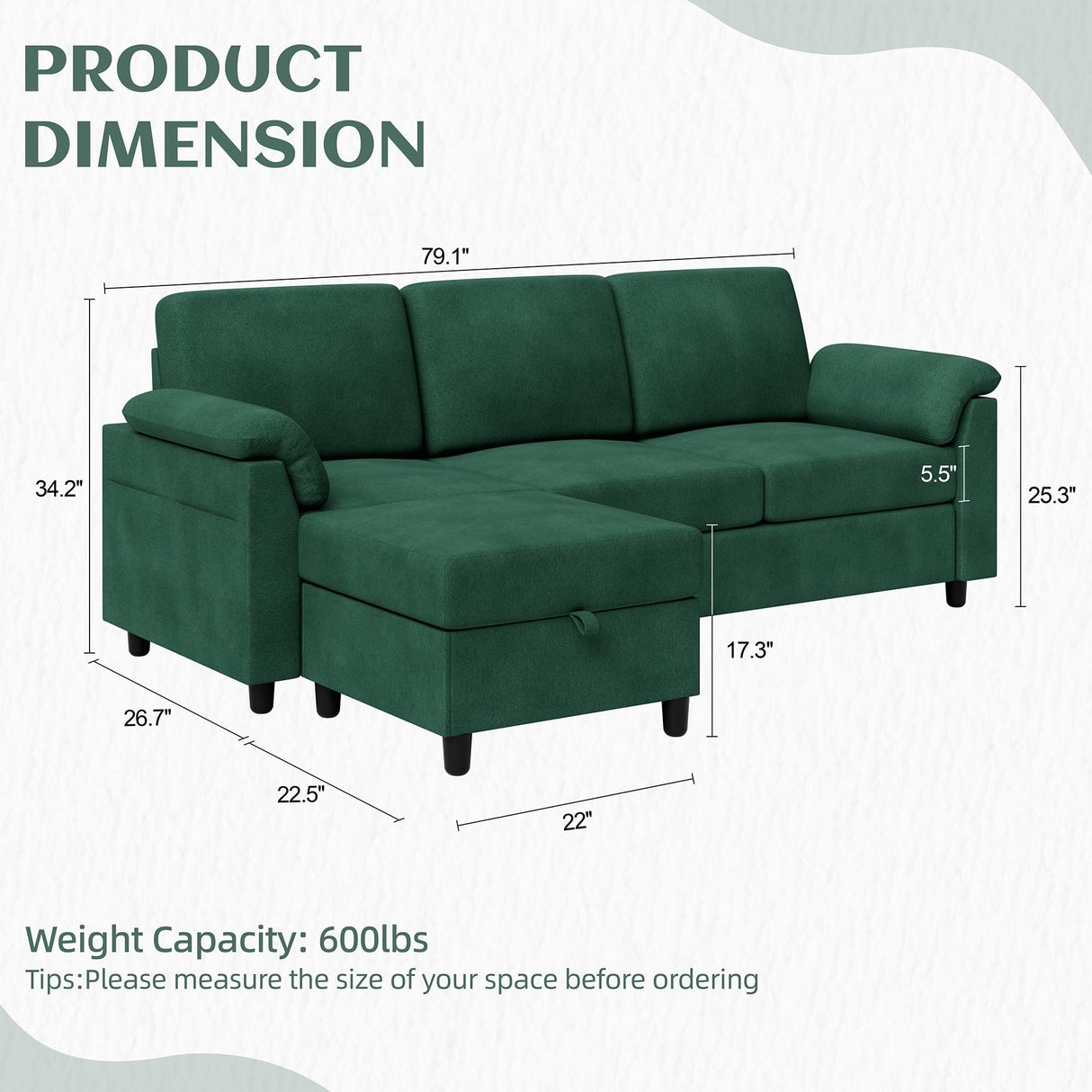 Vongrasig Convertible Sectional Couch, 3 Seat L Shaped Sofa with Removable