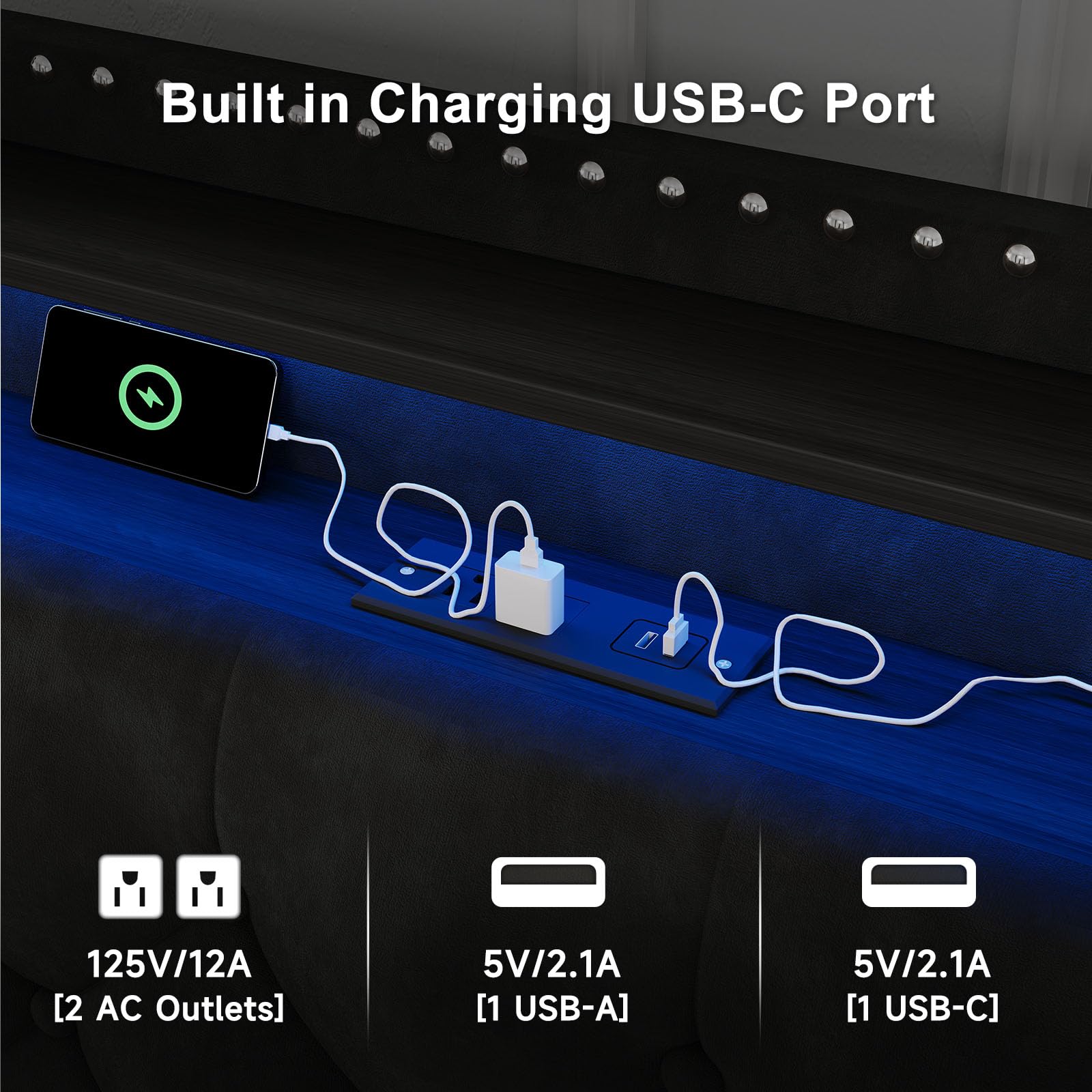 LARMACE Queen Size Bed Frame with LED Lights & USB Charging Station, Velvet Upholstered Platform Bed with Storage Headboard and 4 Drawers, Noise Free, Easy Assembly, Black