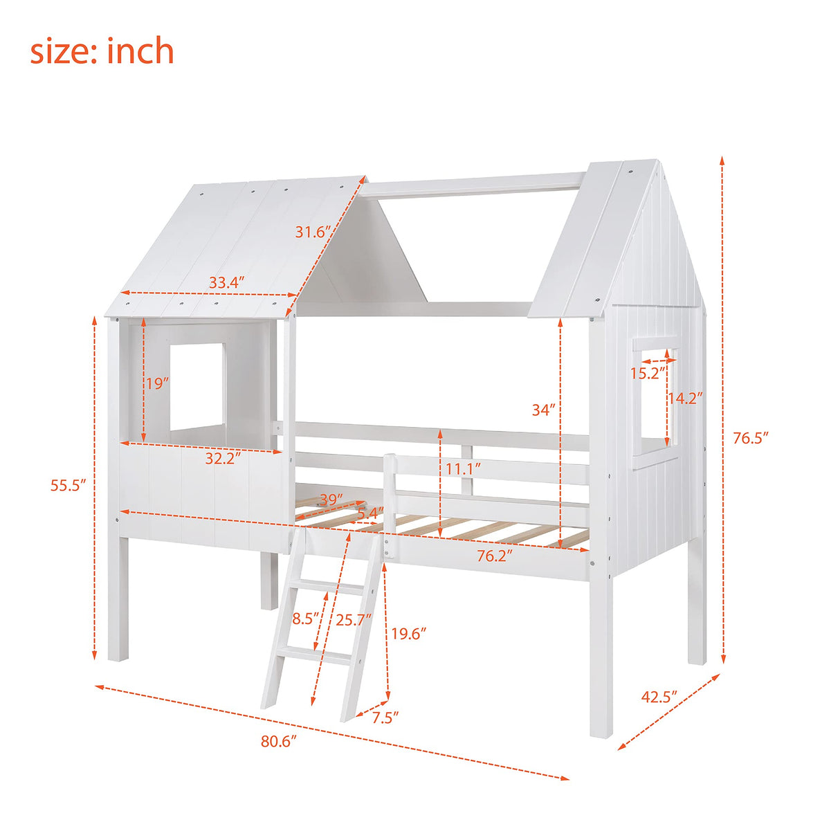 Size Low Loft Bed with Roof and Windows, Wood House Bed with Safety Fence and Two