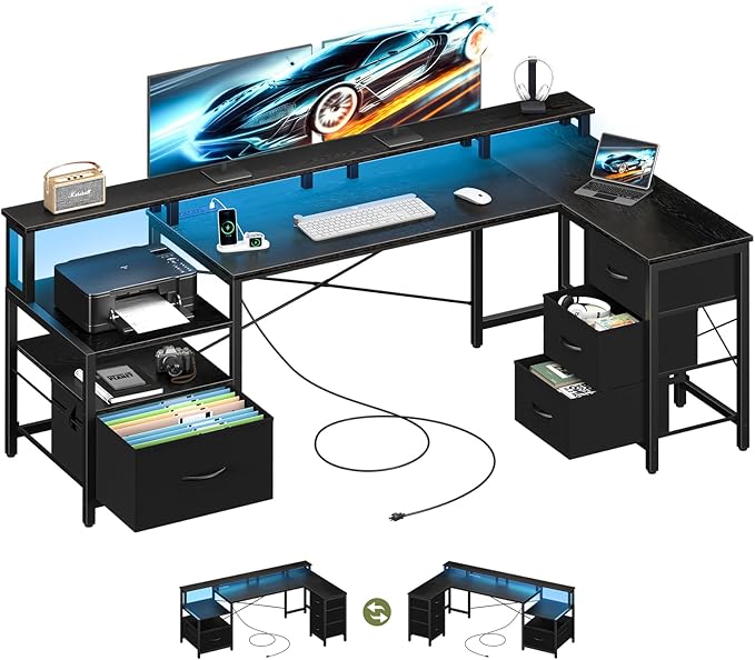 L Shaped Desk with Drawers, LED Computer Desk with Power Outlets, 75" Reversible