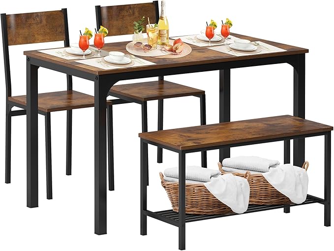 4-Piece Kitchen Dining Table Set with 1 Bench and 2 Chairs, Kitchen Bench Table Set for 4,
