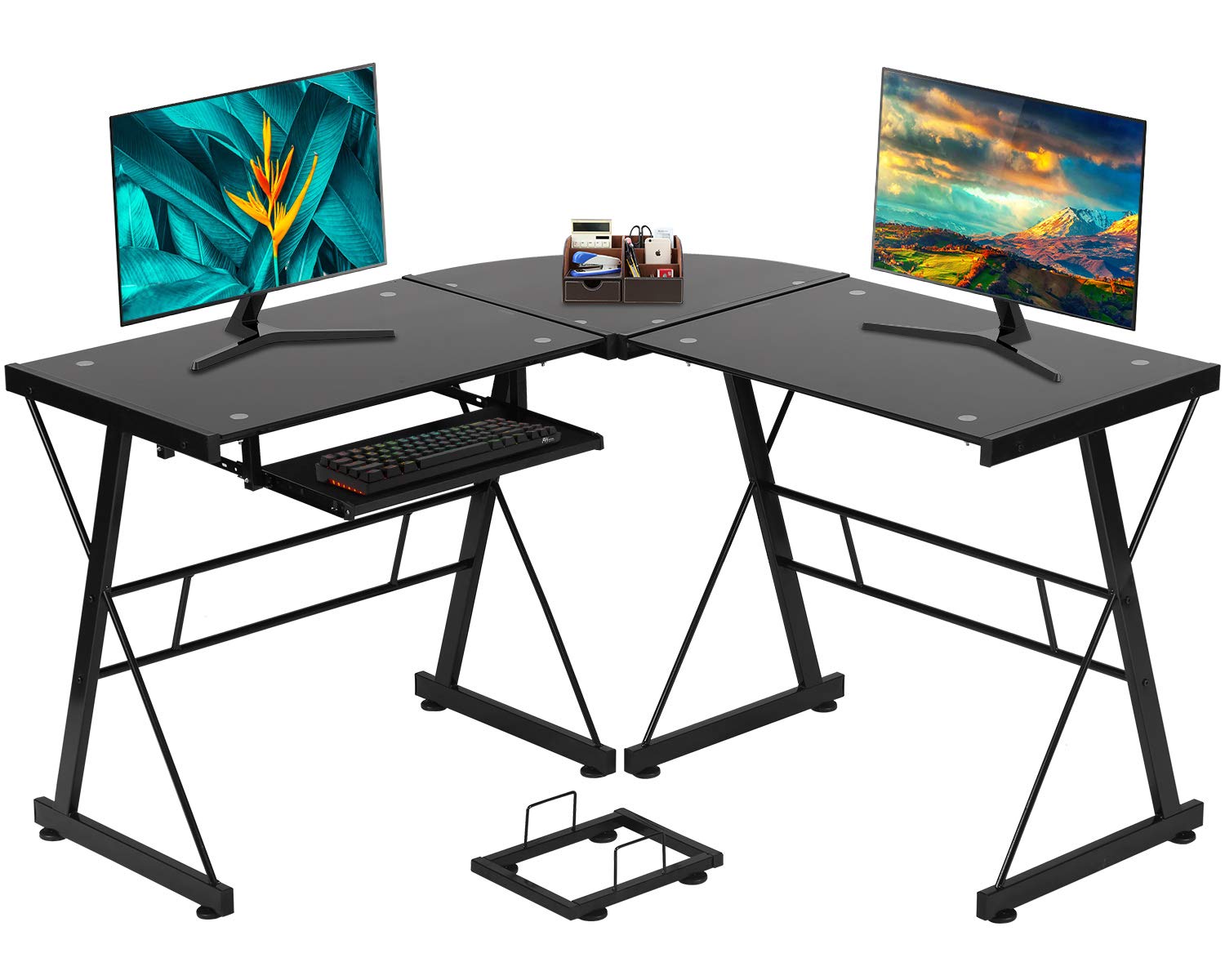 L Shaped Home Office Corner Desk with Keyboard and CPU Stand Toughened Glass, Black