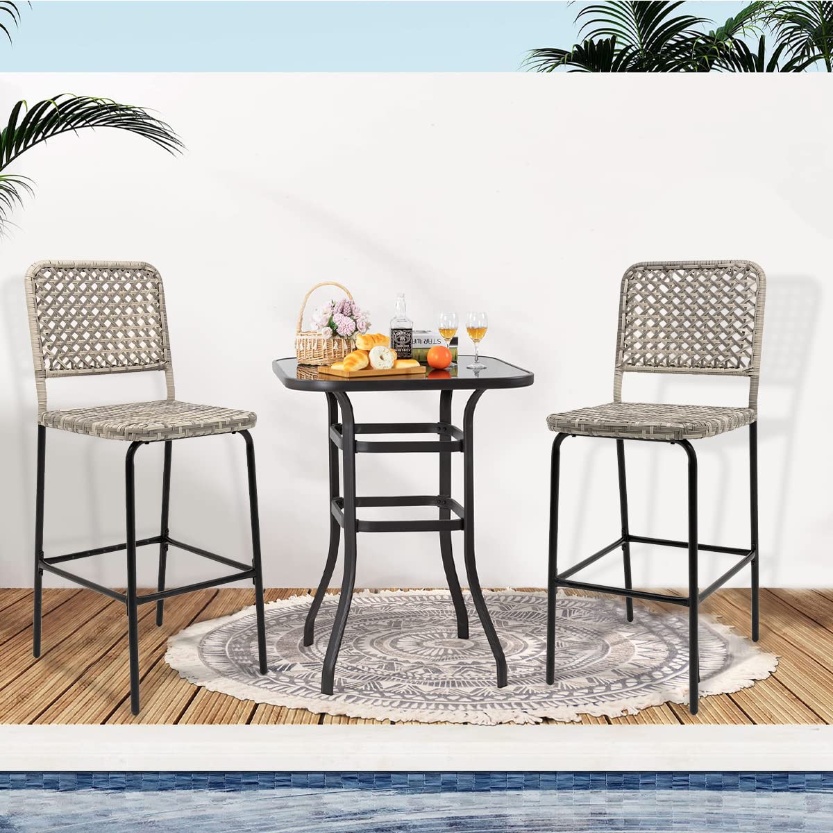 Patio Bar Stools Set of 4, Hand Woven PE Rattan Hollow Back Armless Barstools for Deck