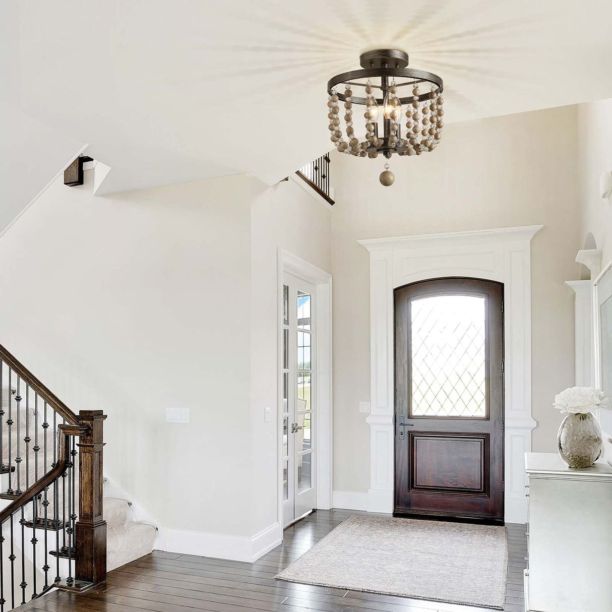 LALUZ Ceiling Light Fixture, 3-Light Bohemian Lighting for Entryway, Foyer, Distressed Wood Bead Chandelier, Dark Silver Brushed, 12 D” x 13.6” H