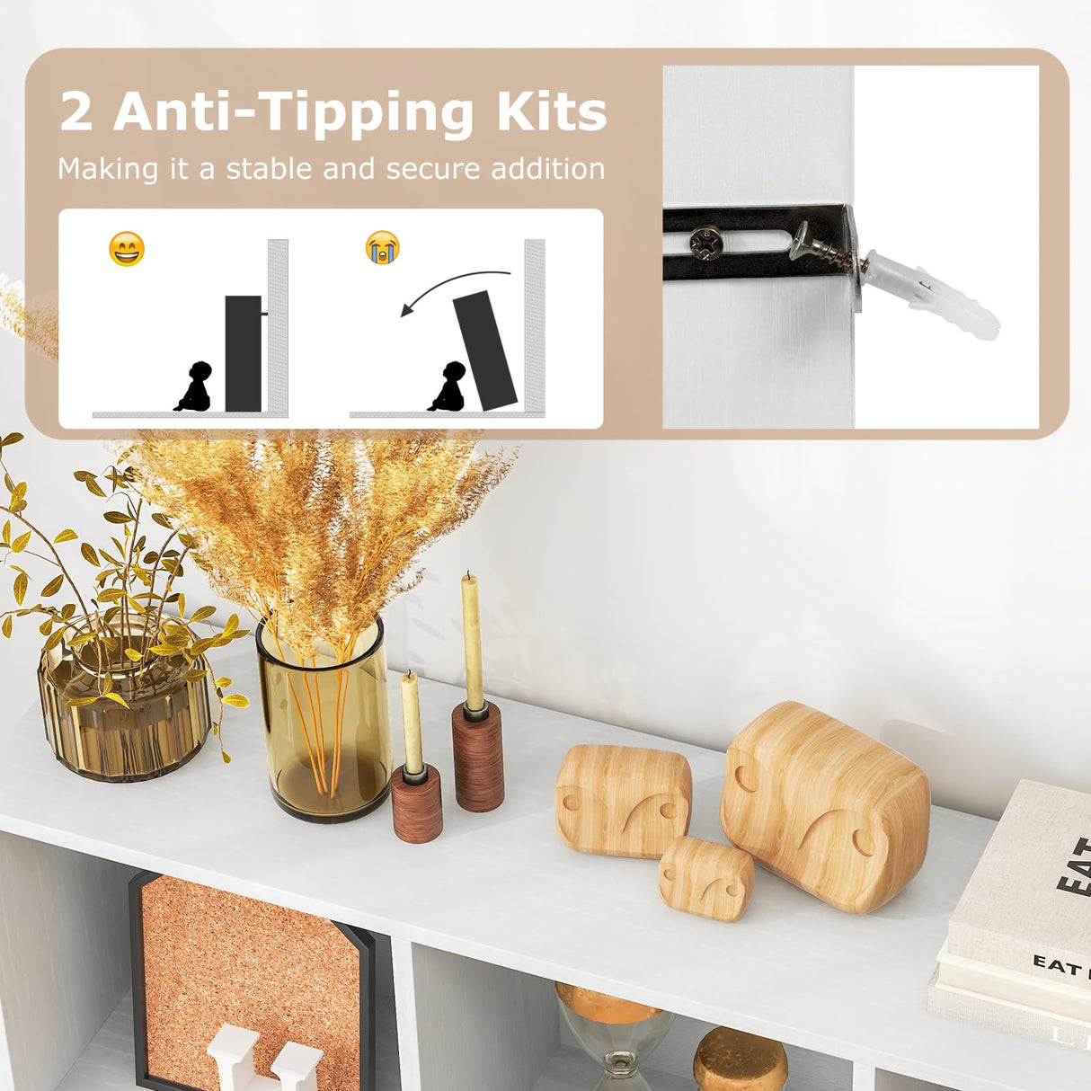 8-Cube Bookshelf, 39.5”L Floor Bookcase with 2 Anti-Tipping Kits, Freestanding Storage Organizer, 4-Tier Display Shelf for Home, Office & Dorms, Natural/White (White, 8-Cube)