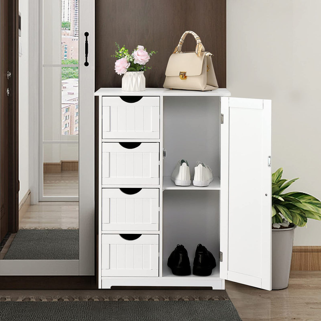 Storage Cabinet Wooden Bathroom Floor Cabinet Small Space Furniture White Side Storage Organizer