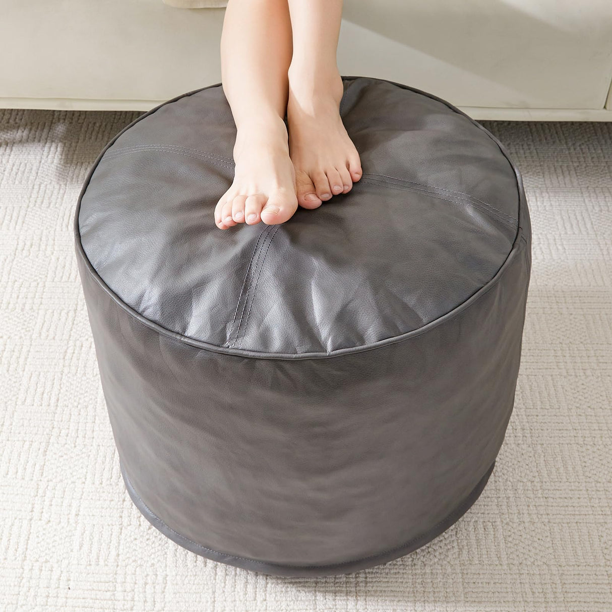 Round Stuffed Pouf Ottoman, Pu Leather Poufs with Foam Chunk Filling, Furry and Fluffy