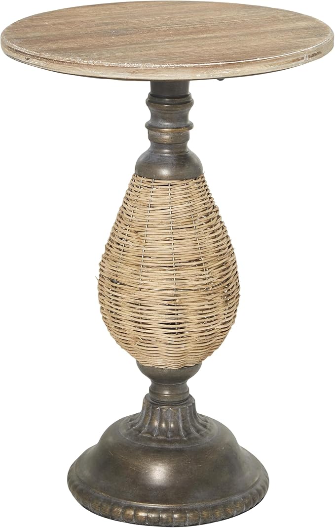 Wood Side End Accent Table End Table with Black Metal and Rattan Base