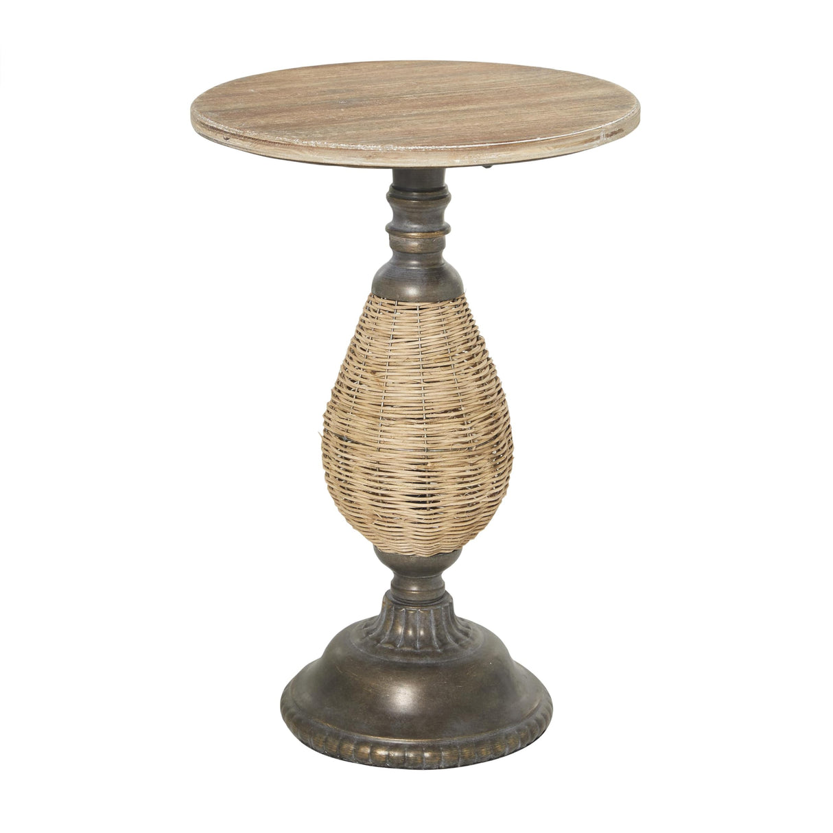 Wood Side End Accent Table End Table with Black Metal and Rattan Base