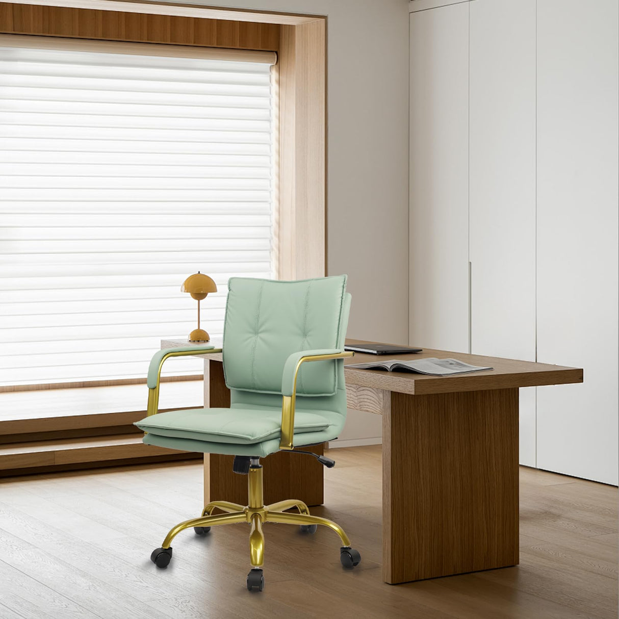Green Leather Office Chair with Golden Legs