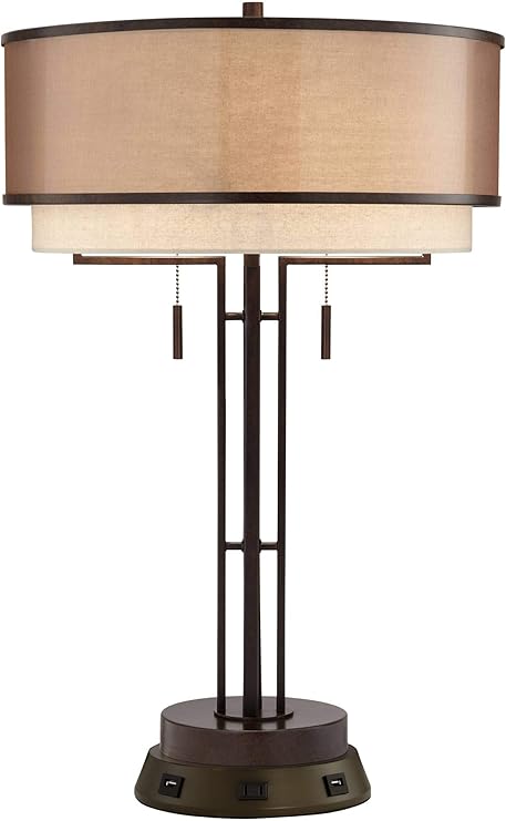 Franklin Iron Works Andes Modern Industrial Table Lamp 27 1/2" Tall Oil Rubbed Bronze Brown Metal Stacked Double Fabric Drum Shade for Bedroom Living Room House Home Bedside Nightstand Office Kids