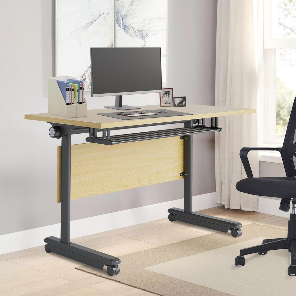 Table,Modern Wood Color Office Folding Flip Top Mobile Training Table with Chair 61"