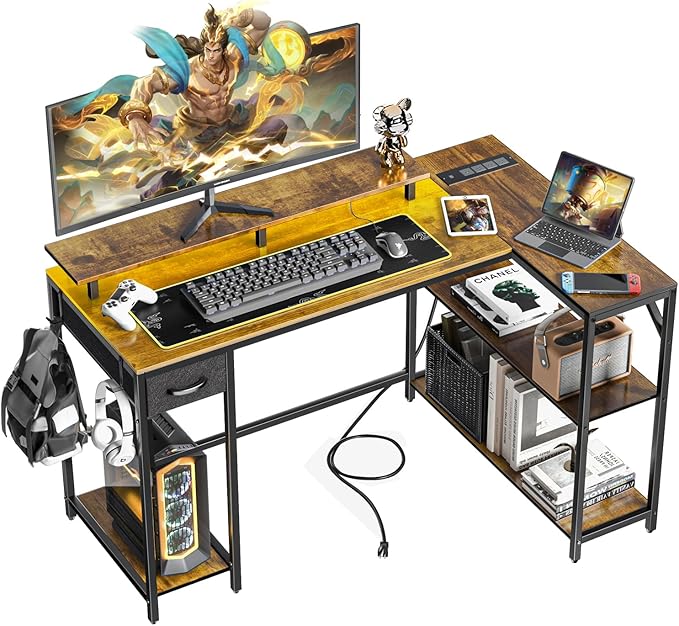 47" L Shaped Computer Desk with LED Light and Power Outlet, Reversible L Shaped Desk