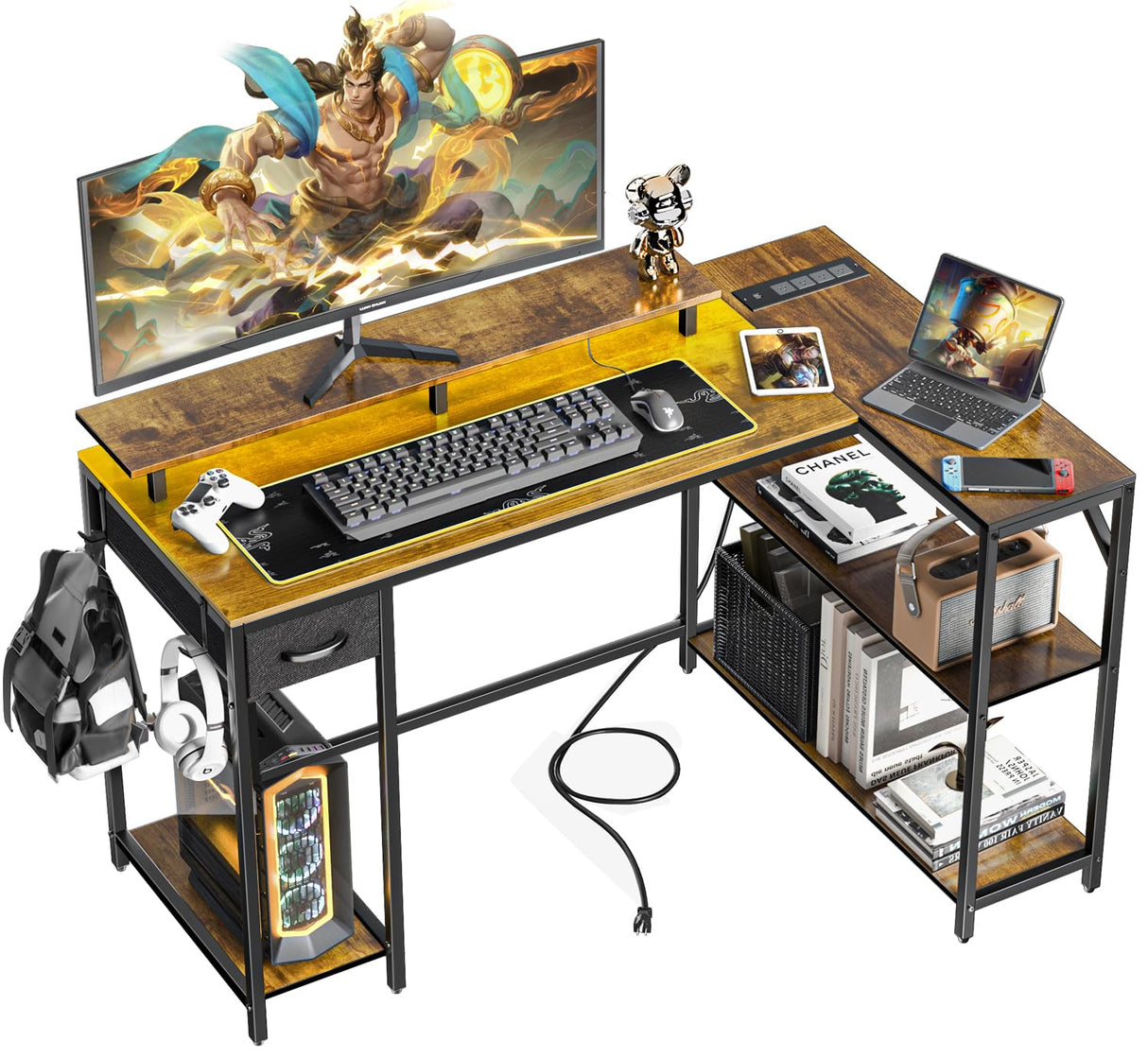 47" L Shaped Computer Desk with LED Light and Power Outlet, Reversible L Shaped Desk