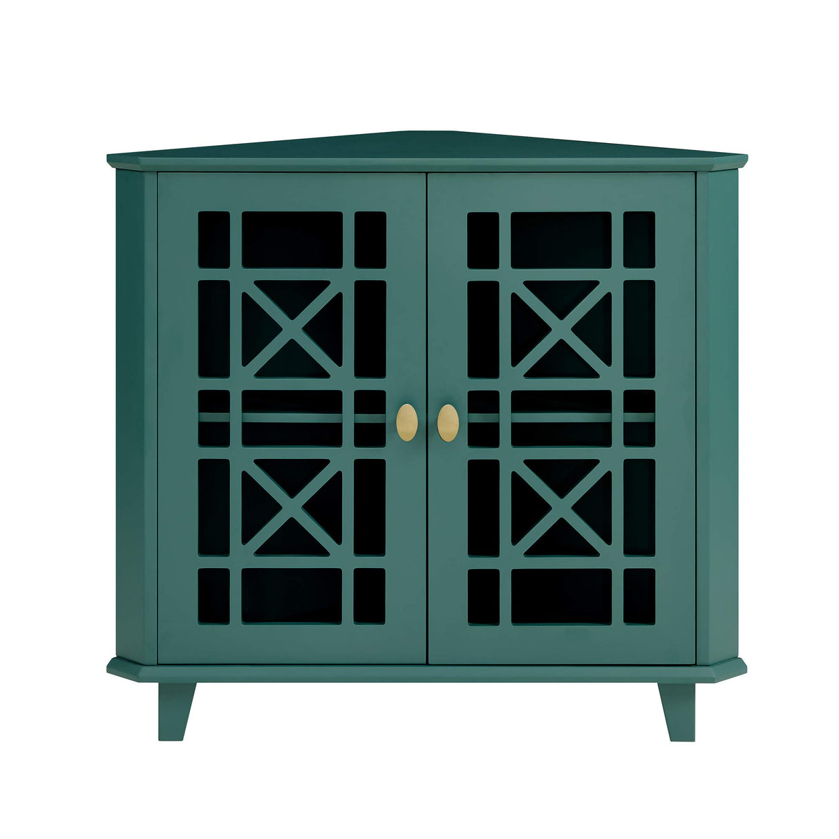 Edison Ronne 32 Inch 2 Door Corner Accent Table with Fretwork Detail - Dark Teal