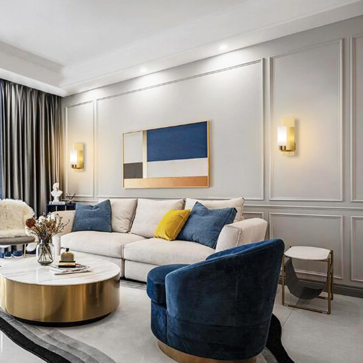 Brushed Brass Gold Wall Sconces Set of Two Modern Mid Century Bathroom Vanity Light