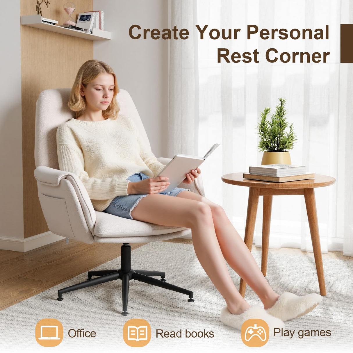 High Back Fabric Office Chair - Cross-Legged Desk Chair with Armrests