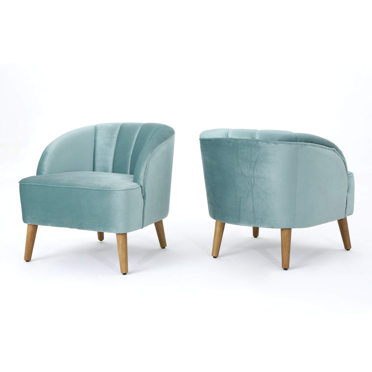 Amaia Modern Velvet Club Chairs, 2-Pcs Set, Seafoam Blue / Walnut