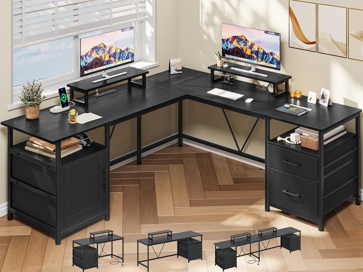 67in L Shaped Computer Desk with Power Outlets, 90.5in Long Home Office