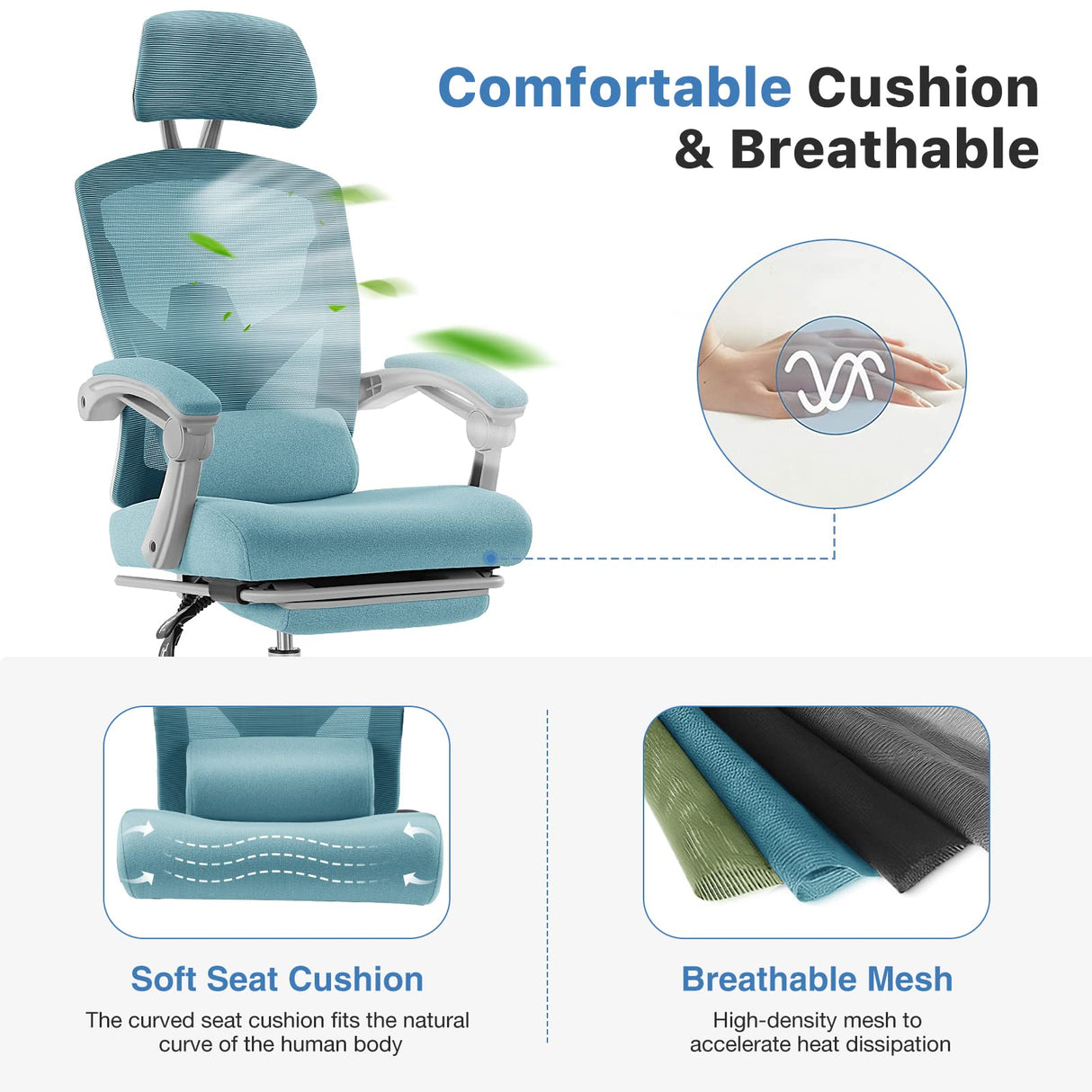 Ergonomic High-Back Mesh Office Chair with Footrest - Blue